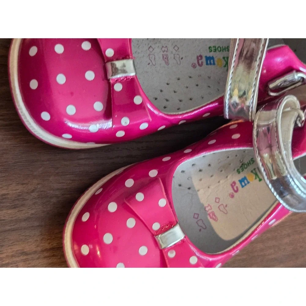 Apakowa Girls Pink Polka Dot Mary Jane Shoes Bow Accent Silver Strap Size 24